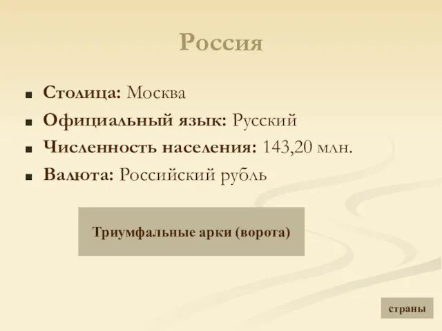 Россия Столица: Москва Официальный язык: Русский Численность населения: 143,20 млн. Валюта: Российский