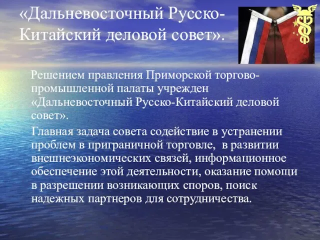 «Дальневосточный Русско-Китайский деловой совет». Решением правления Приморской торгово-промышленной палаты учрежден «Дальневосточный Русско-Китайский