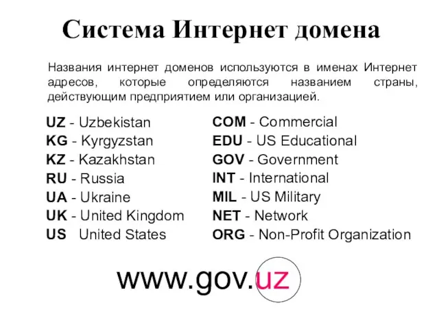 Система Интернет домена UZ - Uzbekistan KG - Kyrgyzstan KZ - Kazakhstan