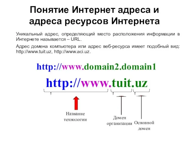 Понятие Интернет адреса и адреса ресурсов Интернета Уникальный адрес, определяющий место расположения