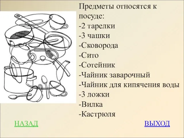 Предметы относятся к посуде: -2 тарелки -3 чашки -Сковорода -Сито -Сотейник -Чайник