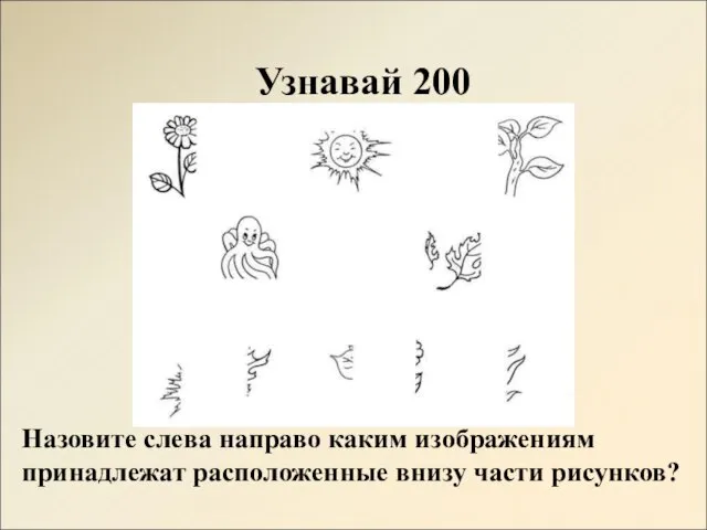 Узнавай 200 Назовите слева направо каким изображениям принадлежат расположенные внизу части рисунков?