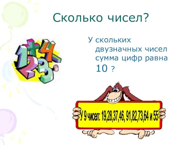 Сколько чисел? У скольких двузначных чисел сумма цифр равна 10 ? У