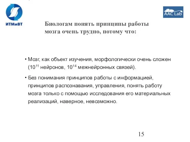 Мозг, как объект изучения, морфологически очень сложен (1011 нейронов, 1014 межнейронных связей).