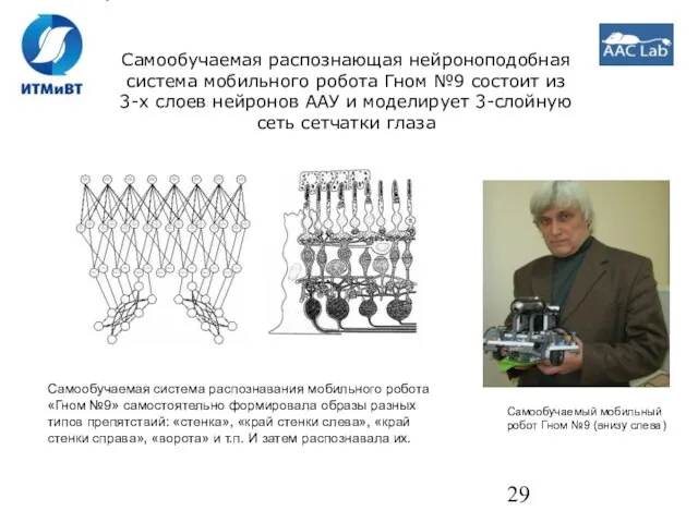 Самообучаемая распознающая нейроноподобная система мобильного робота Гном №9 состоит из 3-х слоев