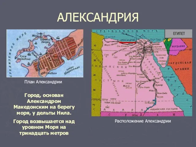 АЛЕКСАНДРИЯ Город, основан Александром Македонским на берегу моря, у дельты Нила. Город