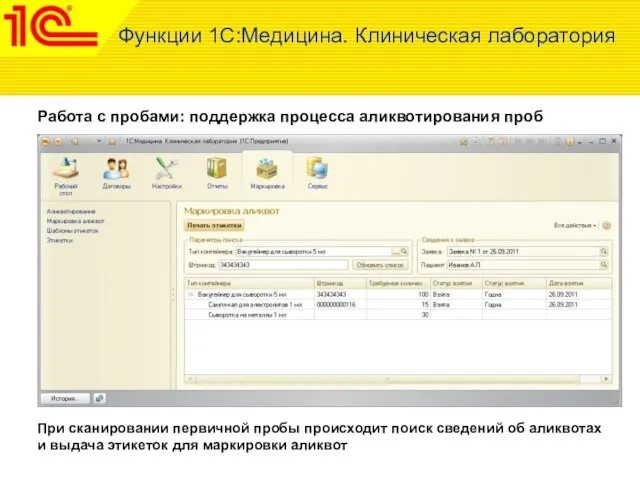 Работа с пробами: поддержка процесса аликвотирования проб Функции 1С:Медицина. Клиническая лаборатория При