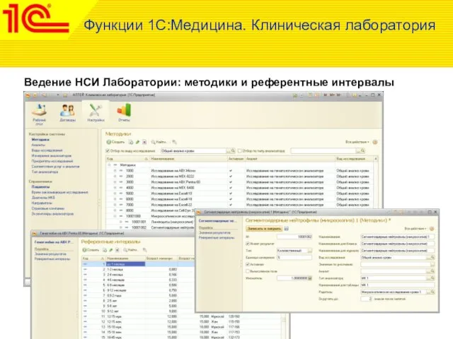 Ведение НСИ Лаборатории: методики и референтные интервалы Функции 1С:Медицина. Клиническая лаборатория