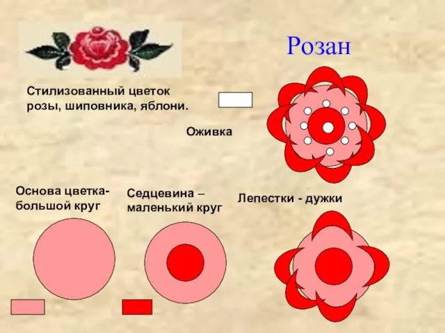 Розан Стилизованный цветок розы, шиповника, яблони. Основа цветка- большой круг Седцевина –