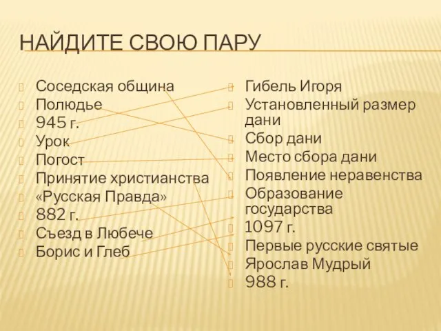 НАЙДИТЕ СВОЮ ПАРУ Соседская община Полюдье 945 г. Урок Погост Принятие христианства