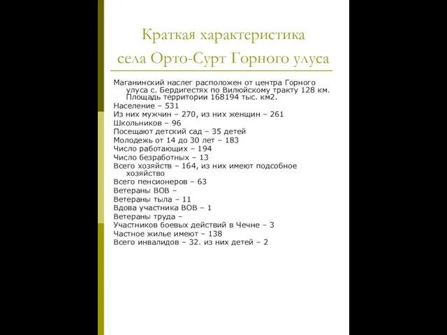 Краткая характеристика села Орто-Сурт Горного улуса Маганинский наслег расположен от центра Горного