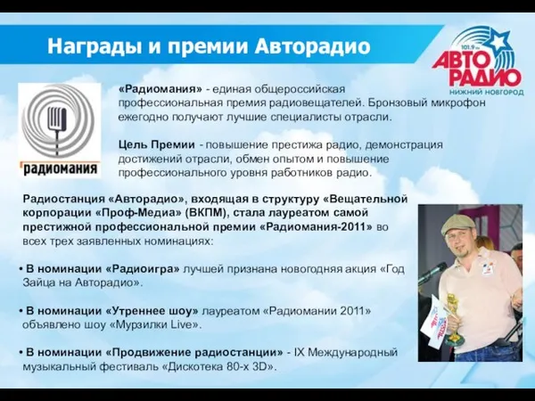 Награды и премии Авторадио «Радиомания» - единая общероссийская профессиональная премия радиовещателей. Бронзовый