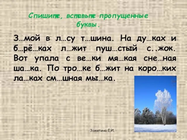 Спишите, вставьте пропущенные буквы. З…мой в л…су т…шина. На ду…ках и б…рё…ках