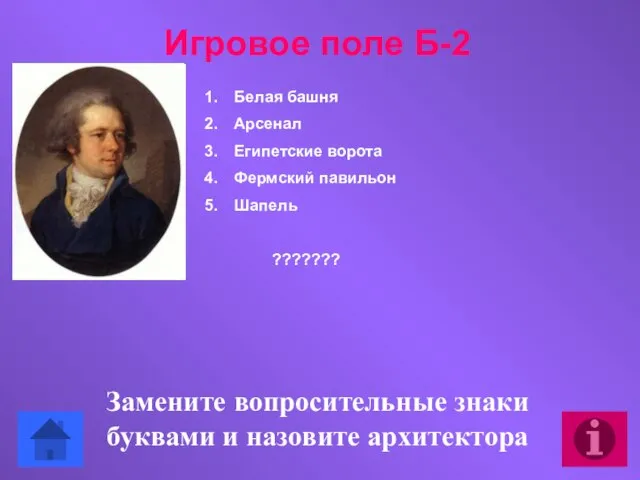 Замените вопросительные знаки буквами и назовите архитектора Белая башня Арсенал Египетские ворота