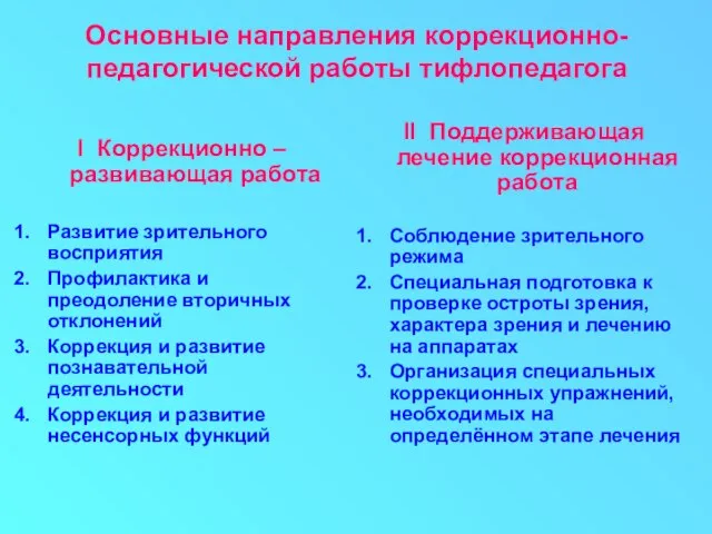 Основные направления коррекционно-педагогической работы тифлопедагога I Коррекционно – развивающая работа Развитие зрительного