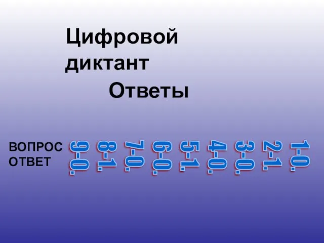 1-0. 2-1. 3-0. 4-0. 5-1. 6-0. 7-0. 8-1. 9-0. ОТВЕТ ВОПРОС Цифровой диктант Ответы