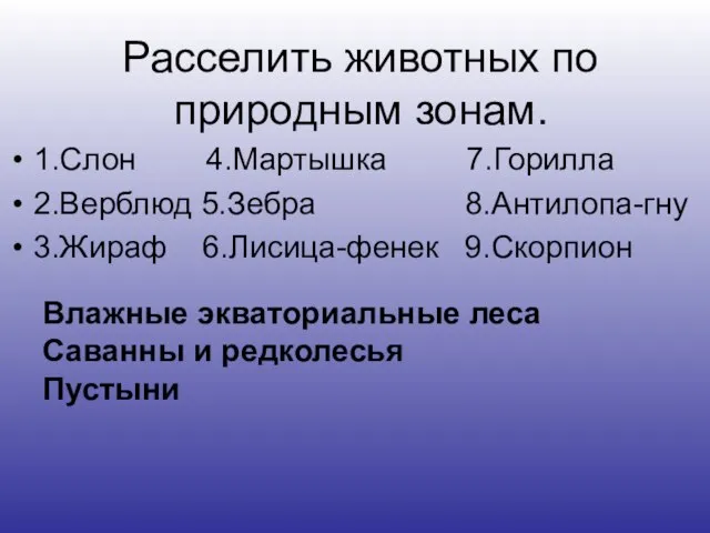 Расселить животных по природным зонам. 1.Слон 4.Мартышка 7.Горилла 2.Верблюд 5.Зебра 8.Антилопа-гну 3.Жираф