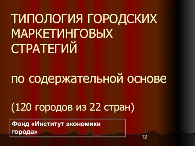 ТИПОЛОГИЯ ГОРОДСКИХ МАРКЕТИНГОВЫХ СТРАТЕГИЙ по содержательной основе (120 городов из 22 стран) Фонд «Институт экономики города»