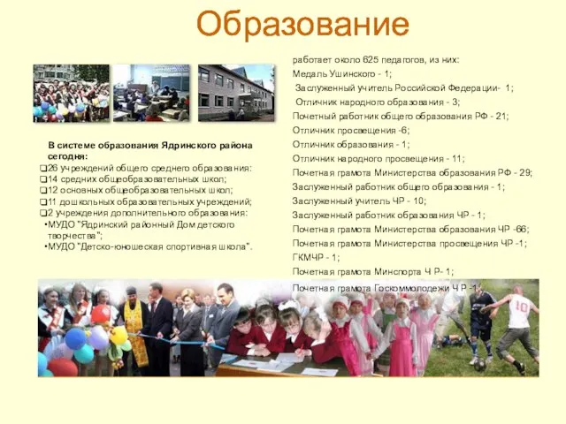 Образование В системе образования Ядринского района сегодня: 26 учреждений общего среднего образования: