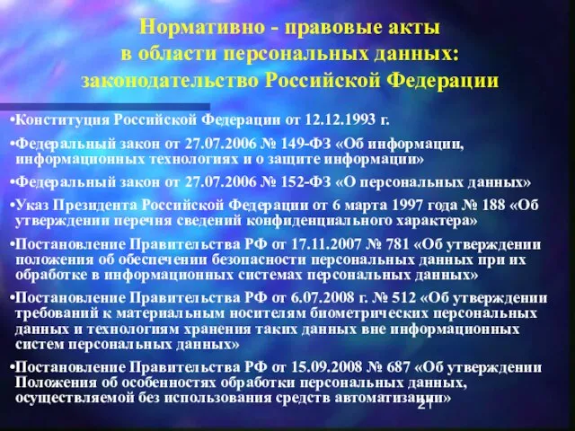 Нормативно - правовые акты в области персональных данных: законодательство Российской Федерации Конституция