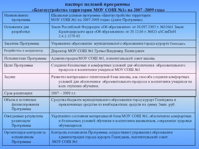 паспорт целевой программы «Благоустройство территории МОУ СОШ №1» на 2007 -2009 годы