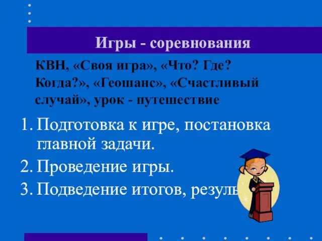 Игры - соревнования Подготовка к игре, постановка главной задачи. Проведение игры. Подведение