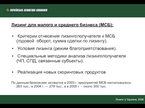 Лизинг в Украине, 2006 Лизинг для малого и среднего бизнеса (МСБ): Критерии