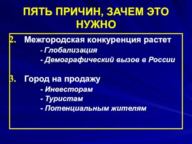 ПЯТЬ ПРИЧИН, ЗАЧЕМ ЭТО НУЖНО Межгородская конкуренция растет - Глобализация - Демографический