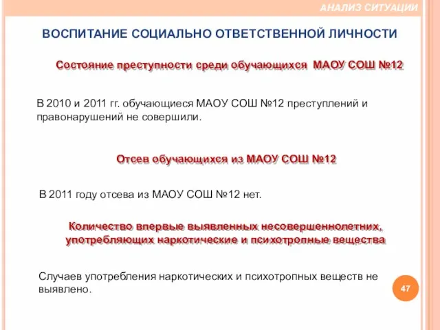 Состояние преступности среди обучающихся МАОУ СОШ №12 В 2010 и 2011 гг.