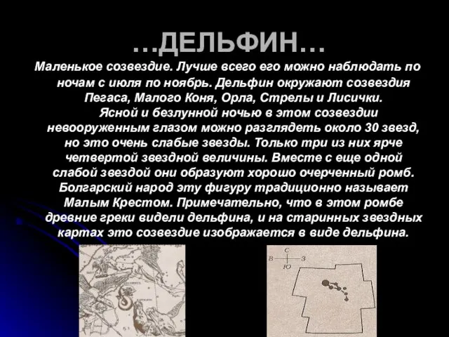 …ДЕЛЬФИН… Маленькое созвездие. Лучше всего его можно наблюдать по ночам с июля