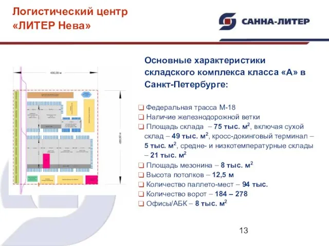 Основные характеристики складского комплекса класса «А» в Санкт-Петербурге: Федеральная трасса М-18 Наличие