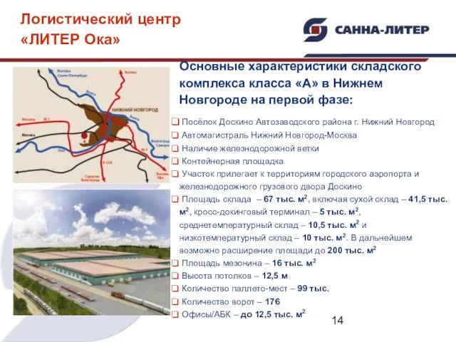 Основные характеристики складского комплекса класса «А» в Нижнем Новгороде на первой фазе: