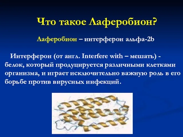 Что такое Лаферобион? Лаферобион – интерферон альфа-2b Интерферон (от англ. Interfere with