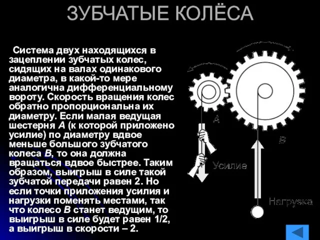 ЗУБЧАТЫЕ КОЛЁСА Система двух находящихся в зацеплении зубчатых колес, сидящих на валах