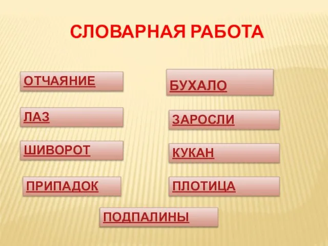 ЗАРОСЛИ ОТЧАЯНИЕ ЛАЗ ШИВОРОТ БУХАЛО ПРИПАДОК КУКАН ПОДПАЛИНЫ ПЛОТИЦА СЛОВАРНАЯ РАБОТА