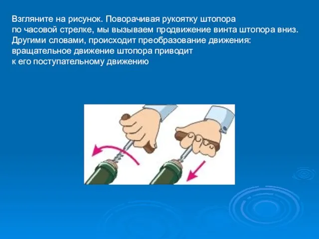 Взгляните на рисунок. Поворачивая рукоятку штопора по часовой стрелке, мы вызываем продвижение