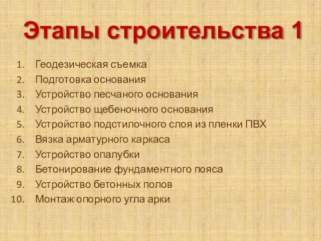 Этапы строительства 1 Геодезическая съемка Подготовка основания Устройство песчаного основания Устройство щебеночного