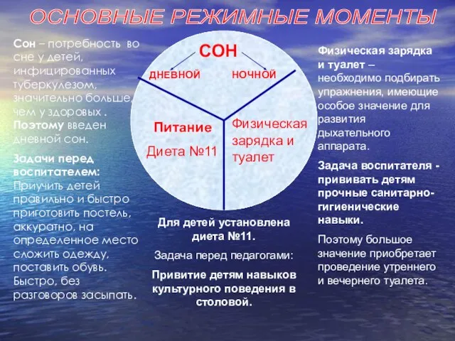 ОСНОВНЫЕ РЕЖИМНЫЕ МОМЕНТЫ СОН ДНЕВНОЙ НОЧНОЙ Физическая зарядка и туалет Питание Диета