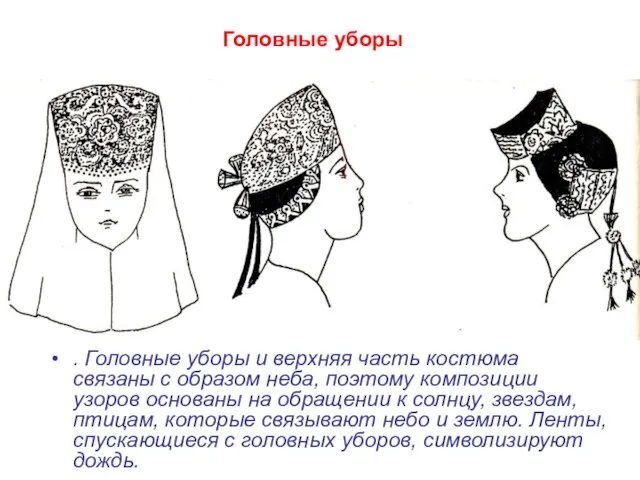 Головные уборы . Головные уборы и верхняя часть костюма связаны с образом