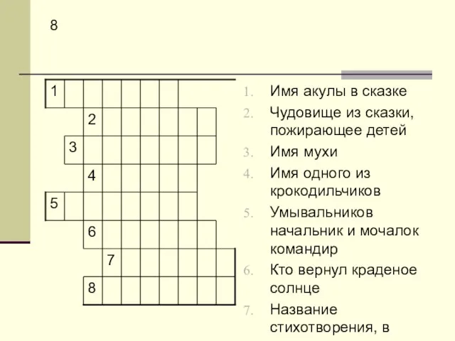 8 Имя акулы в сказке Чудовище из сказки,пожирающее детей Имя мухи Имя