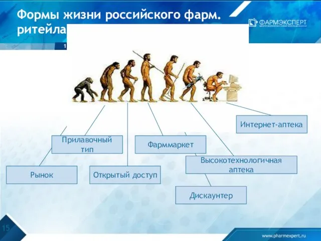 Формы жизни российского фарм. ритейла Прилавочный тип Открытый доступ Фарммаркет Высокотехнологичная аптека Интернет-аптека Дискаунтер Рынок