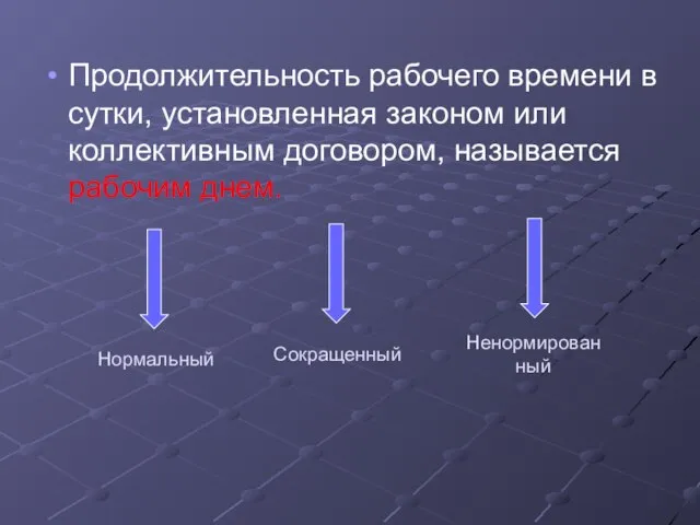 Нормальный Продолжительность рабочего времени в сутки, установленная законом или коллективным договором, называется рабочим днем. Сокращенный Ненормированный