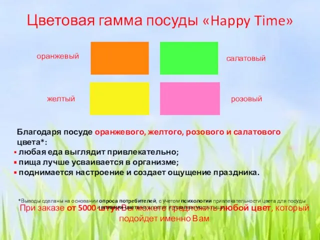 Цветовая гамма посуды «Happy Time» оранжевый желтый салатовый розовый При заказе от