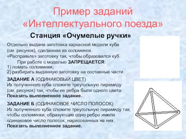 Пример заданий «Интеллектуального поезда» Отдельно выдана заготовка каркасной модели куба (см. рисунок),