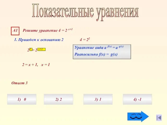 Ответ 3 А1 Решите уравнение 4 = 2 х+1 Показательные уравнения 1.