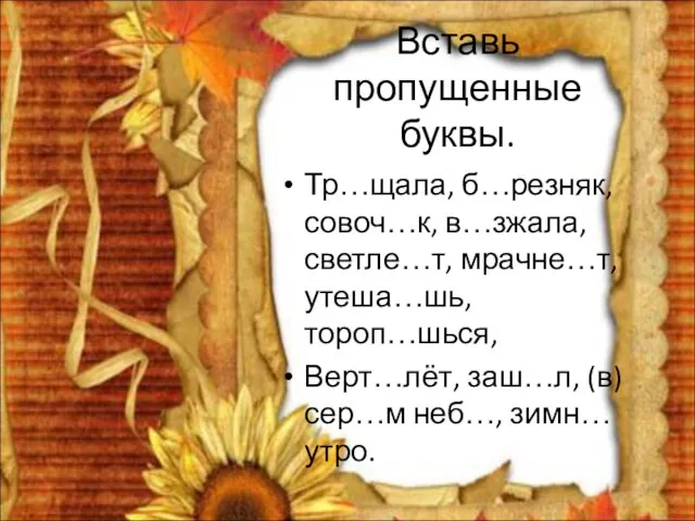 Вставь пропущенные буквы. Тр…щала, б…резняк, совоч…к, в…зжала, светле…т, мрачне…т, утеша…шь, тороп…шься, Верт…лёт,