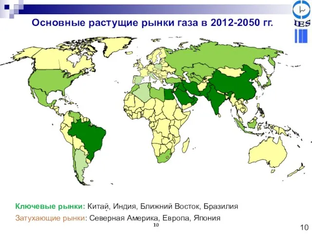 Основные растущие рынки газа в 2012-2050 гг. Ключевые рынки: Китай, Индия, Ближний