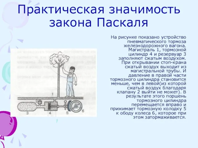 Практическая значимость закона Паскаля На рисунке показано устройство пневматического тормоза железнодорожного вагона.