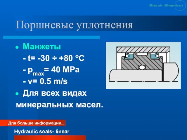 Поршневые уплотнения Манжеты - t= -30 ÷ +80 oC - pmax= 40