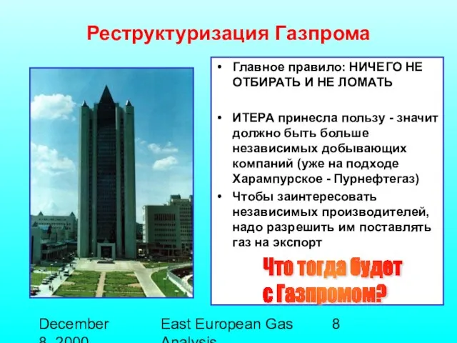 December 8, 2000 East European Gas Analysis Главное правило: НИЧЕГО НЕ ОТБИРАТЬ